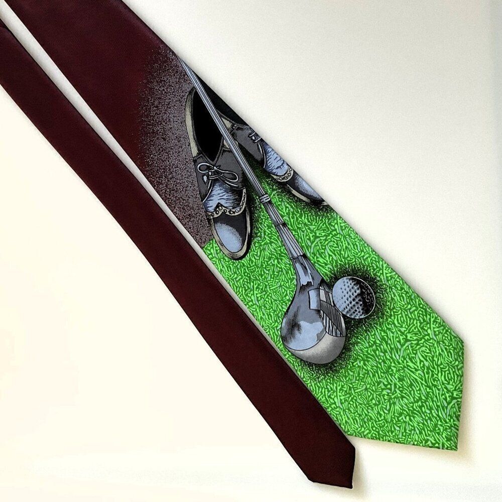 Vintage 90s Uomo Venetto Golf Neck Tie Microfiber Polyester Green Burgundy Novel